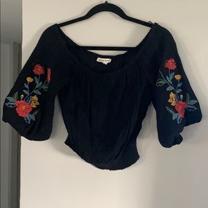 Embroidered sleeve off shoulder crop top